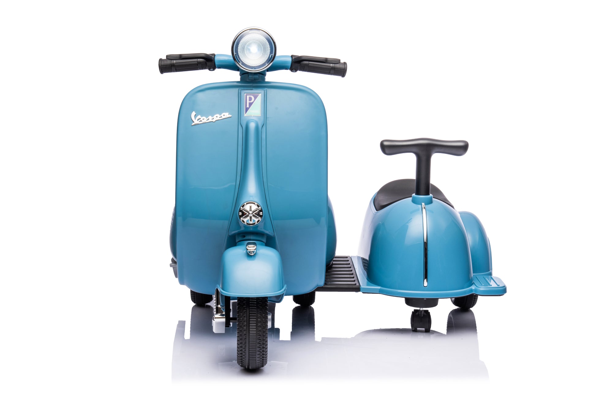 6V Licensed Vespa Scooter Motorcycle With Side Car For Kids, Blue Blue Chrome