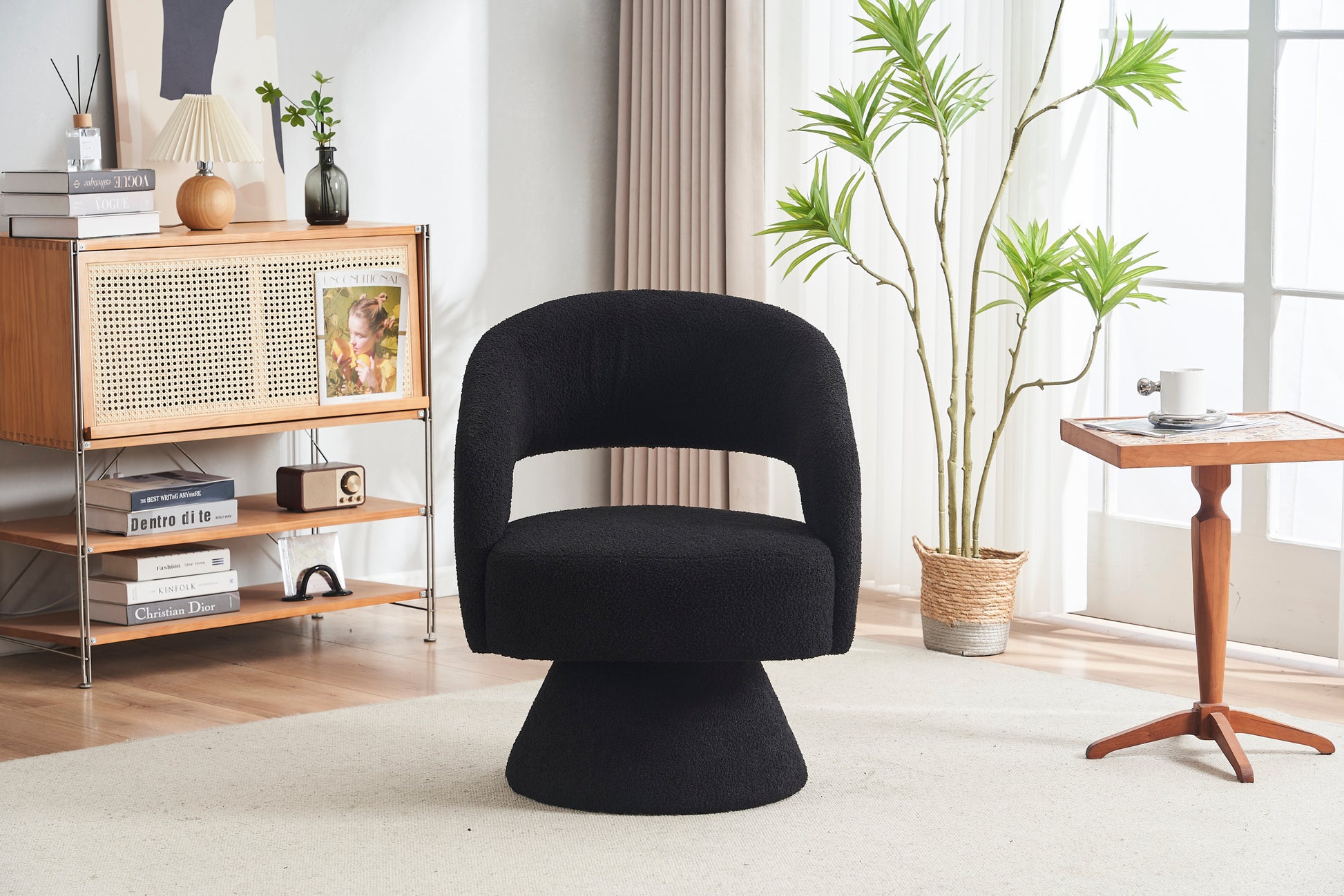 Swivel Accent Chair Armchair, Round Barrel Chair In Fabric For Living Room Bedroom,Black Teddy Black Foam Faux Fur