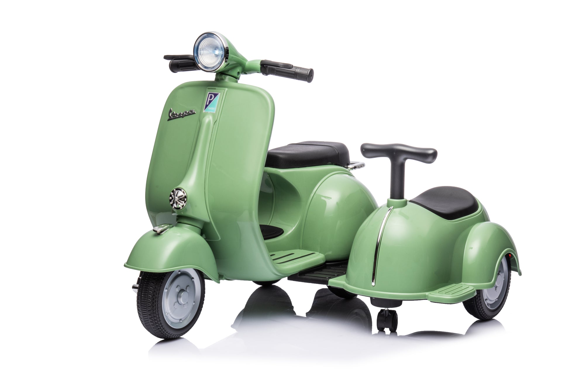 6V Licensed Vespa Scooter Motorcycle With Side Car For Kids, Green Green Under 50 Lbs Chrome