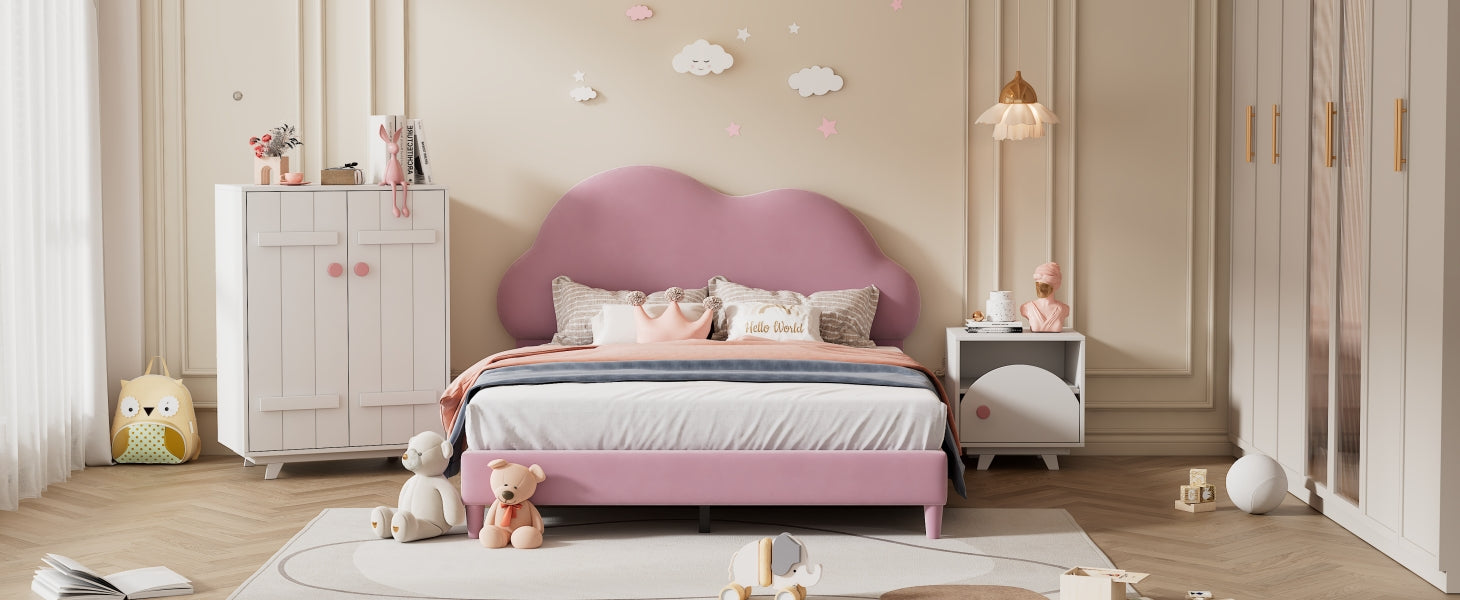 Full Size Upholstered Cloud Shape Bed ,Velvet Platform Bed With Headboard,No Box Spring Needed,Pink Pink Velvet