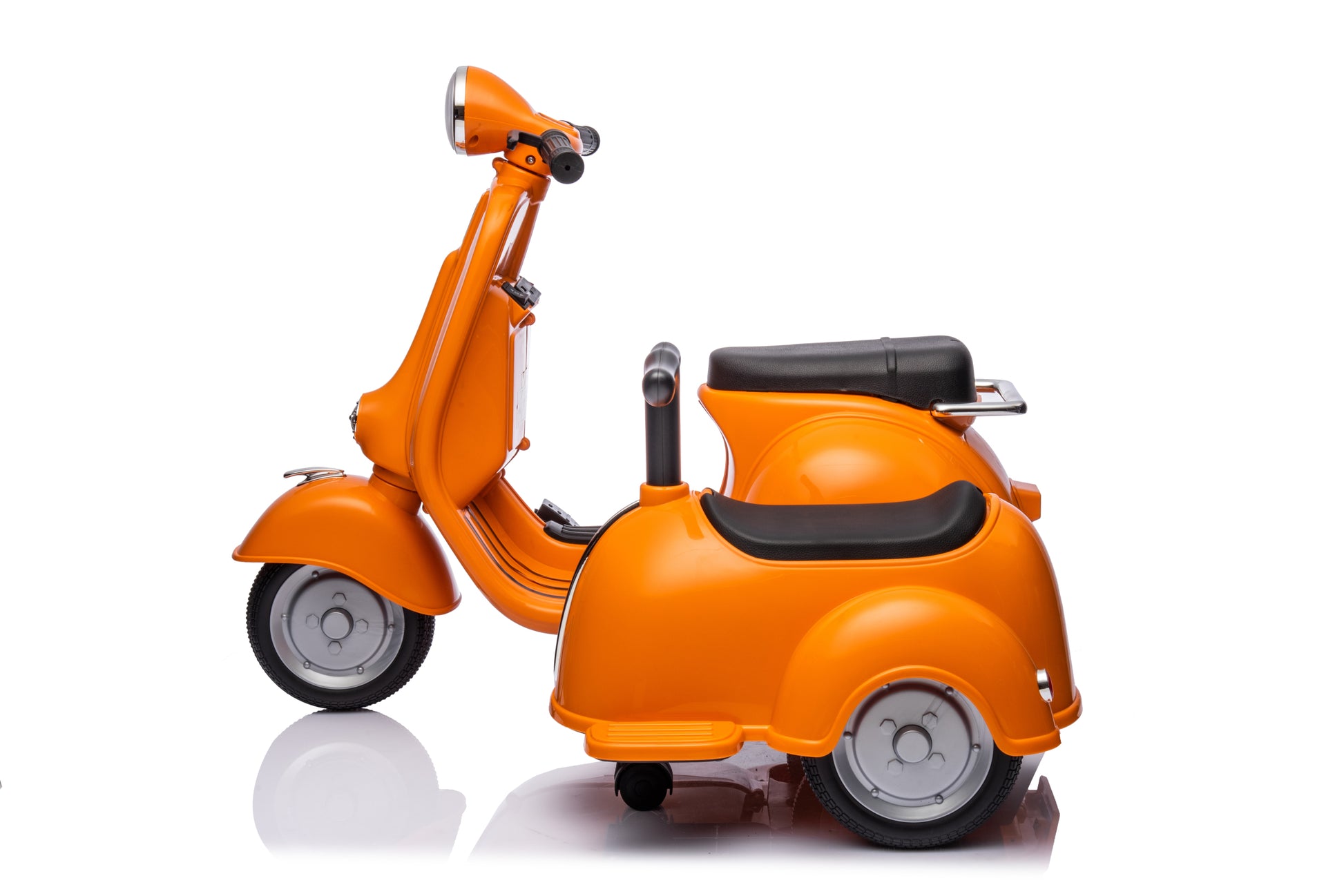 6V Licensed Vespa Scooter Motorcycle With Side Car For Kids, Orange Orange Chrome