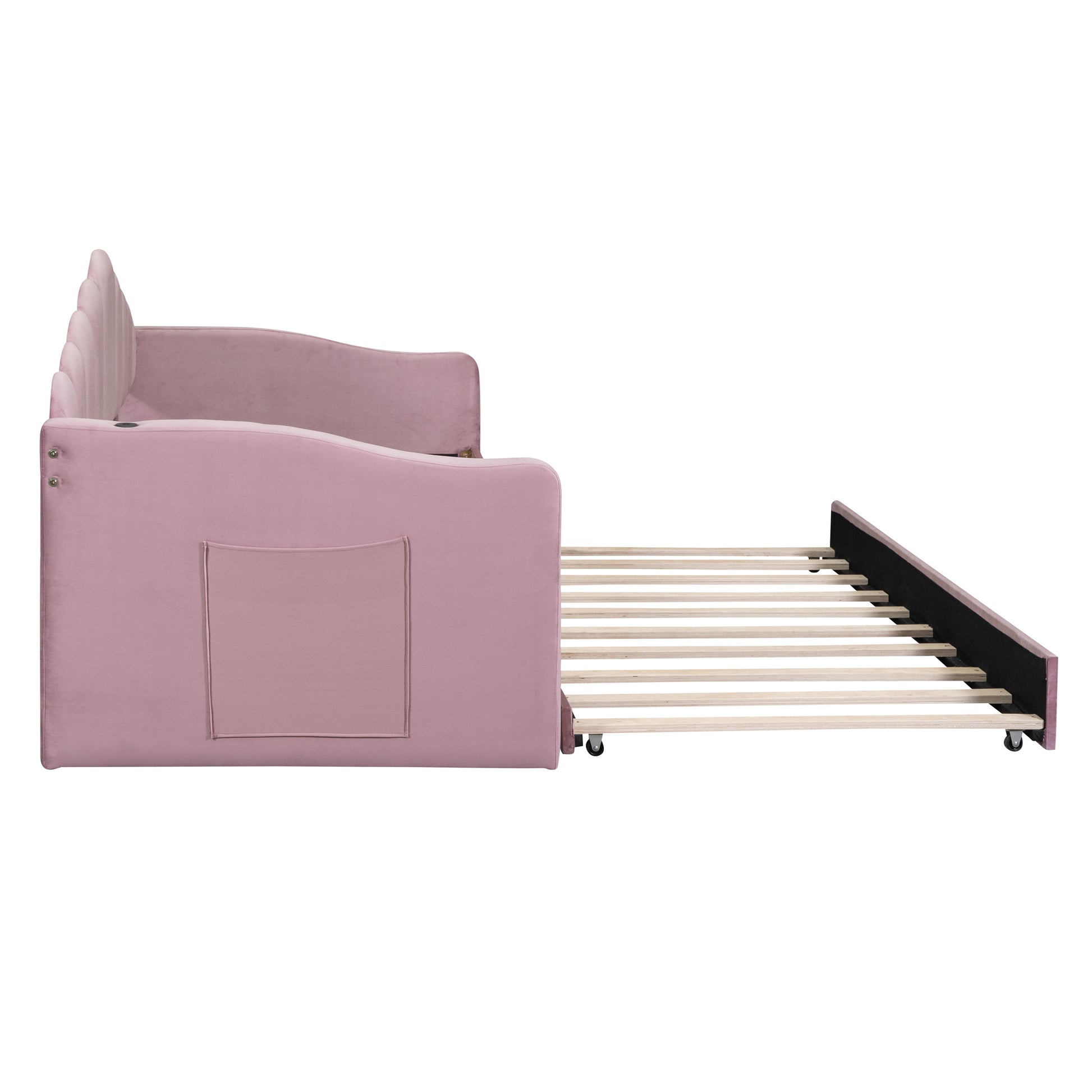 Twin Size Upholstered Daybed With Trundle ,Velvet Sofabed With Usb Charging Ports,No Box Spring Needed,Pink Twin Pink Velvet