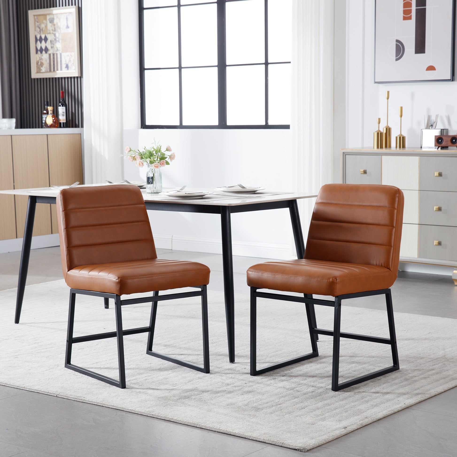 Upholstered Leather Dining Chairs Set Of 2 With Metal Legs, Mid Century Modern Leisure Chairs For Kitchen Living Room Dining Room Bistro Coffee Shop,Brown Brown Dining Room Foam Dry Clean Modern Dining Chairs Foam Pu Leather