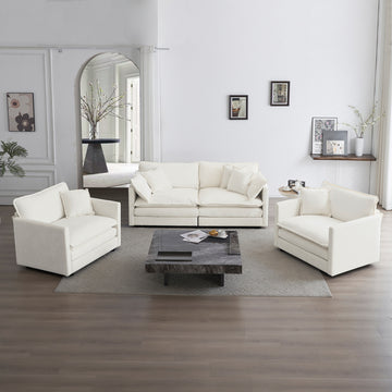 3 Piece Sofa Set With Arm Pillows And Toss Pillowssofa Set Include 2 Piece Of Arm Chair And One 2 Seat Sofa, Space Saving Casual Sofa Set For Living Room, White Chenille Ameican White Oak Acrylic 4 Seat