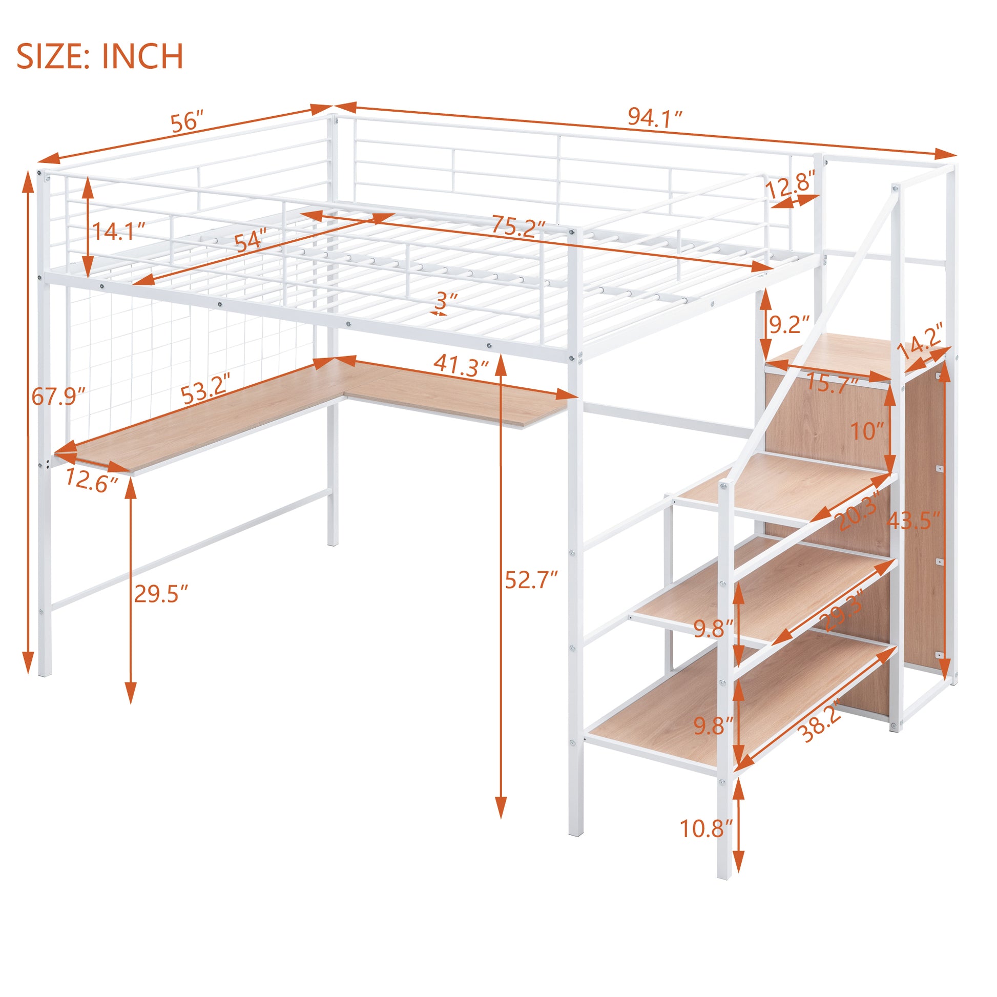 Full Size Metal Loft Bed With Desk And Metal Grid, Stylish Metal Frame Bed With Lateral Storage Ladder And Wardrobe, White White Metal