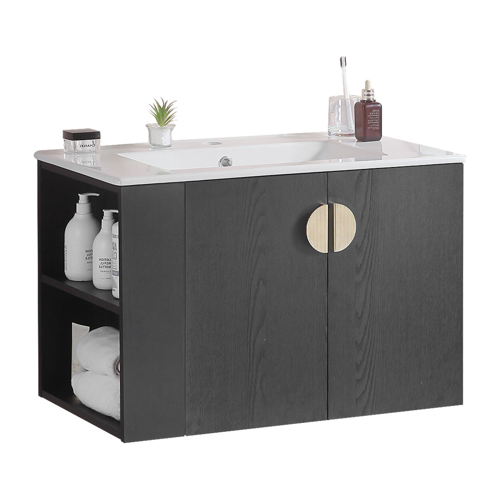 30" Bathroom Vanity With Sink,With Two Doors Cabinet Bathroom Vanity Set With Side Left Open Storage Shelf,Solid Wood,Excluding Faucets,Black Black Solid Wood