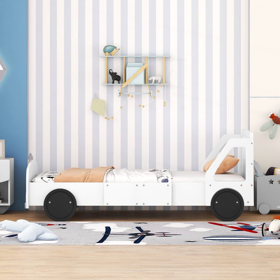 Twin Size Car Shaped Platform Bed With Wheels,White White Plywood