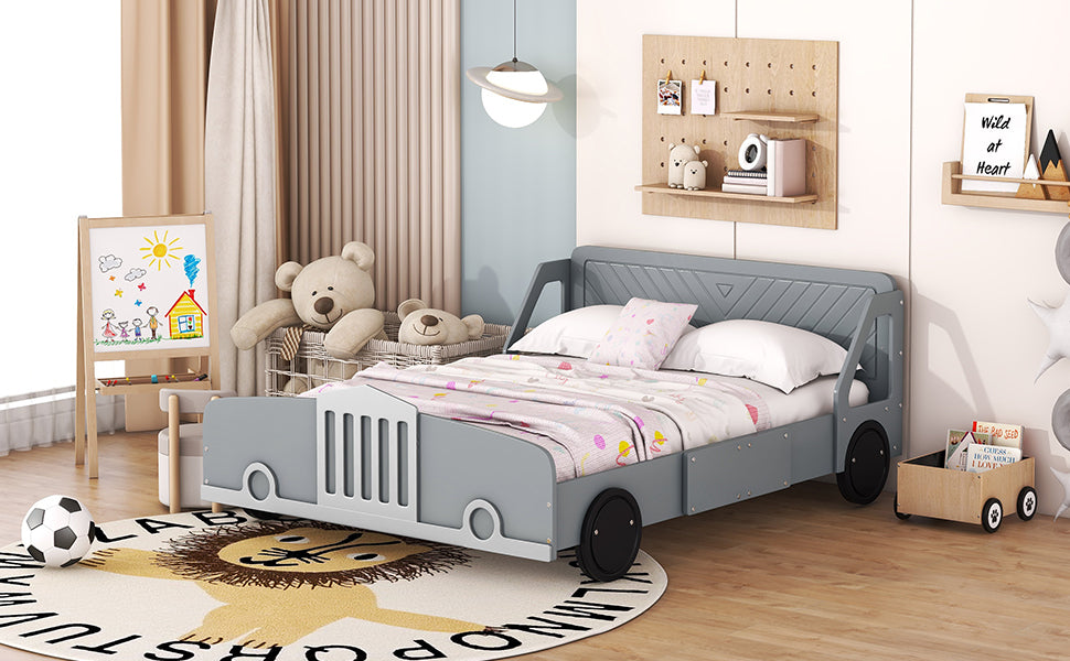 Full Size Car Shaped Platform Bed With Wheels,Gray Gray Plywood