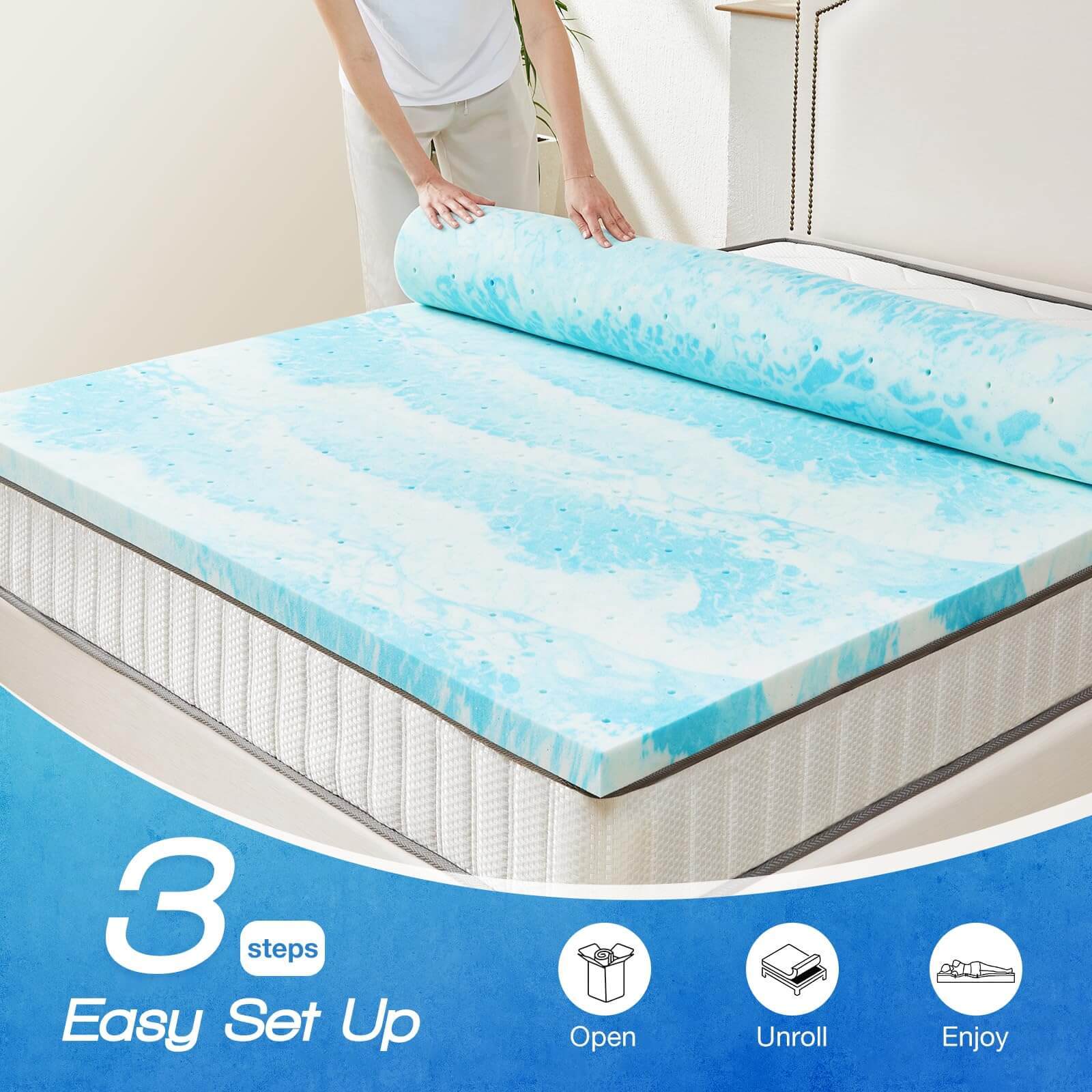 Memory Foam Cooling Gel Swirl Infused Bed Topper For Back Pain,3 Inches,Full Blue Cotton