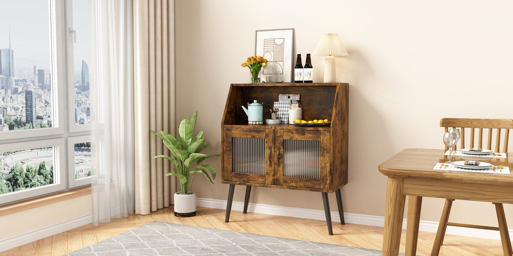 Sideboard, Bufft Cabinet, Side Dining Table, Glass Door, 1Pc Per Ctn, Brown, Industry Brown Mdf Glass