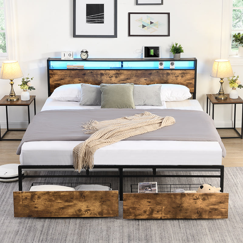 Full Bed Frame, Storage Headboard With Charging Station, Solid And Stable, Noise Free, No Box Spring Needed, Easy Assembly Full Dark Brown Metal Bedroom Bed Frame Metal & Wood