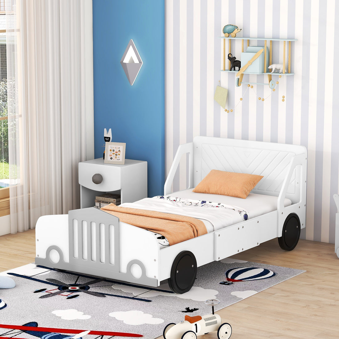 Twin Size Car Shaped Platform Bed With Wheels,White White Plywood