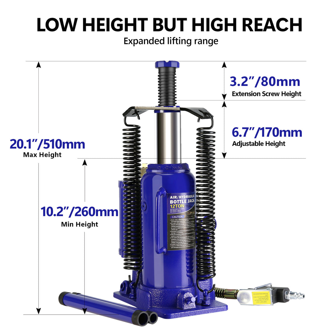 Pneumatic Air Hydraulic Bottle Jack With Manual Hand Pump 12 Ton Heavy Duty Auto Truck Travel Trailer Repair Lift Blue Blue Steel