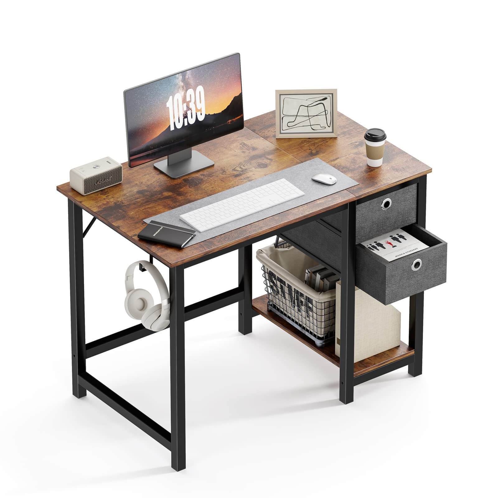 Modern Simple Style Home Office Writing Desk With 2 Tier Drawers Storage,Vintage Rustic,47In Brown Iron