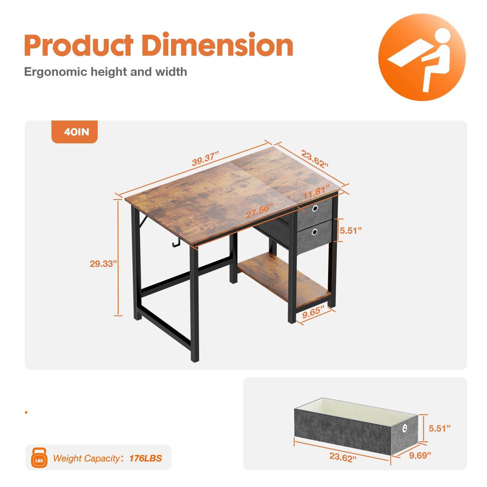 Modern Simple Style Home Office Writing Desk With 2 Tier Drawers Storage,Vintage Rustic,40In Brown Iron