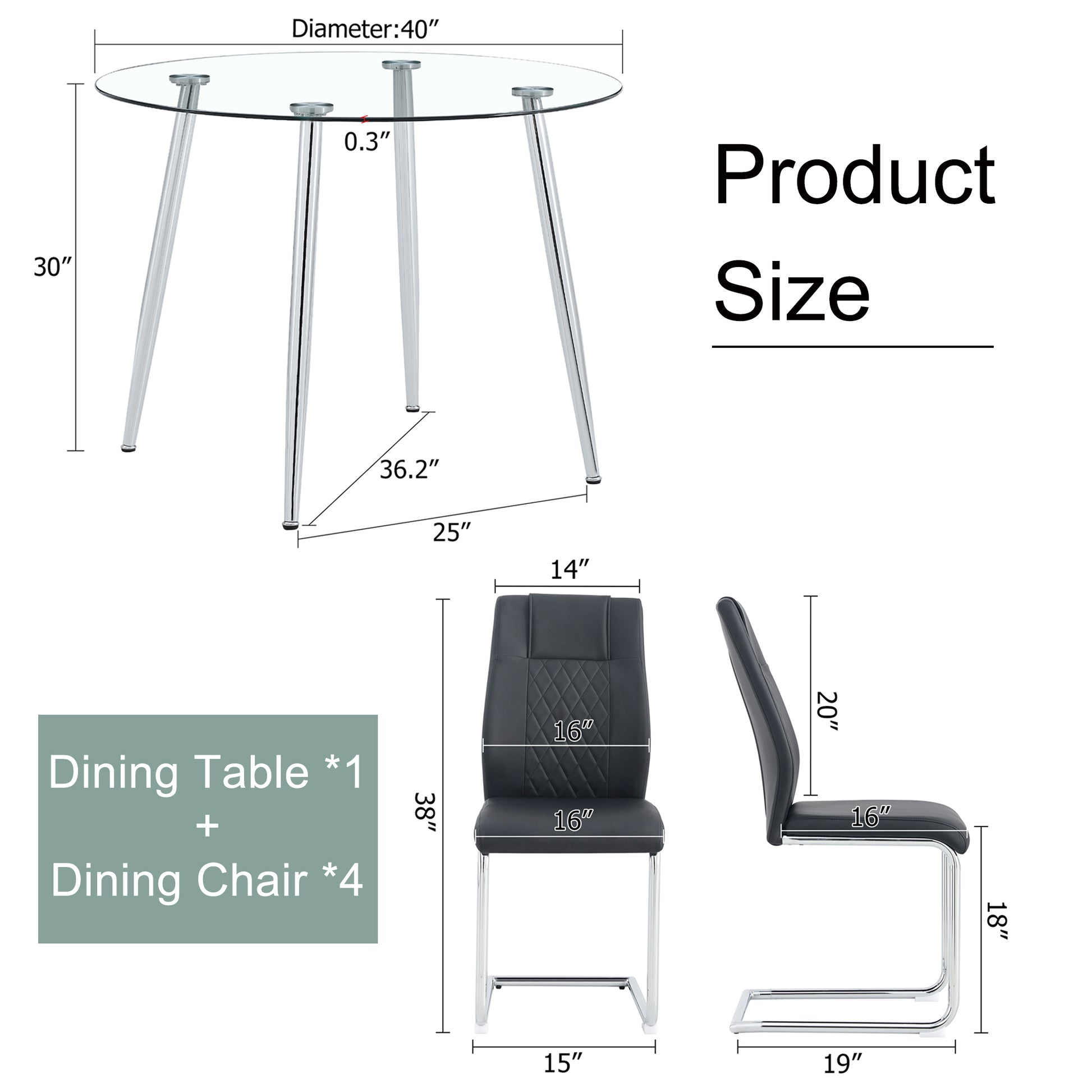 Table And Chair Set. 1 Table 4 Black Chairs Round Dining Table With A 40 Inch Diameter Glass Tabletop And Silver Plated Metal Legs. 4 Black Pu Chairs Dt 1164 001 Transparent Seats 4 Glass