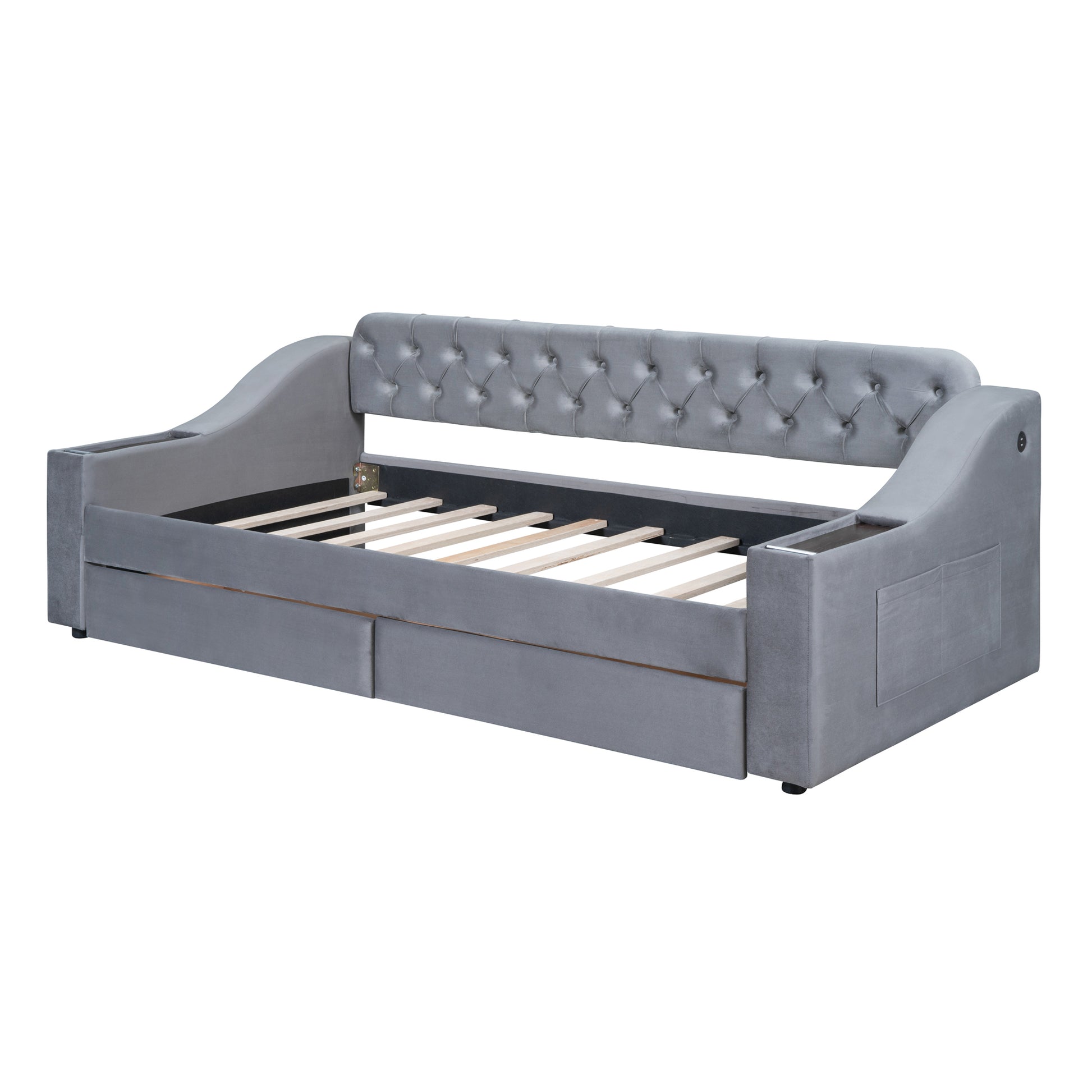 Twin Size Upholstered Daybed With Storage Armrests And Usb Port, Gray Gray Upholstered