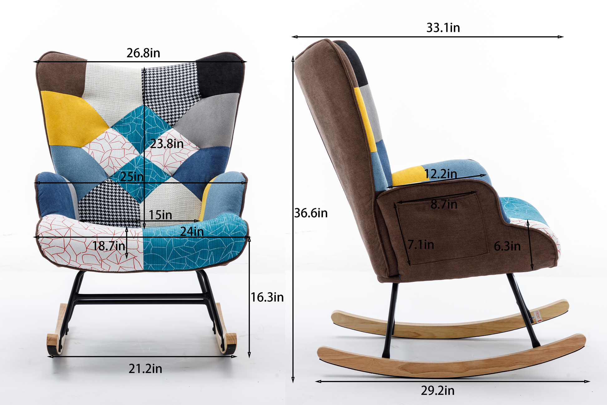 Modern Patchwork Accent Chair With Solid Wood Armrest And Feet, Mid Century Modern Accent Sofa, Fabric Sofa Chair For Living Room Bedroom Studio, Comfy Side Armchair For Bed Blue Antique Blue Foam Cotton Linen