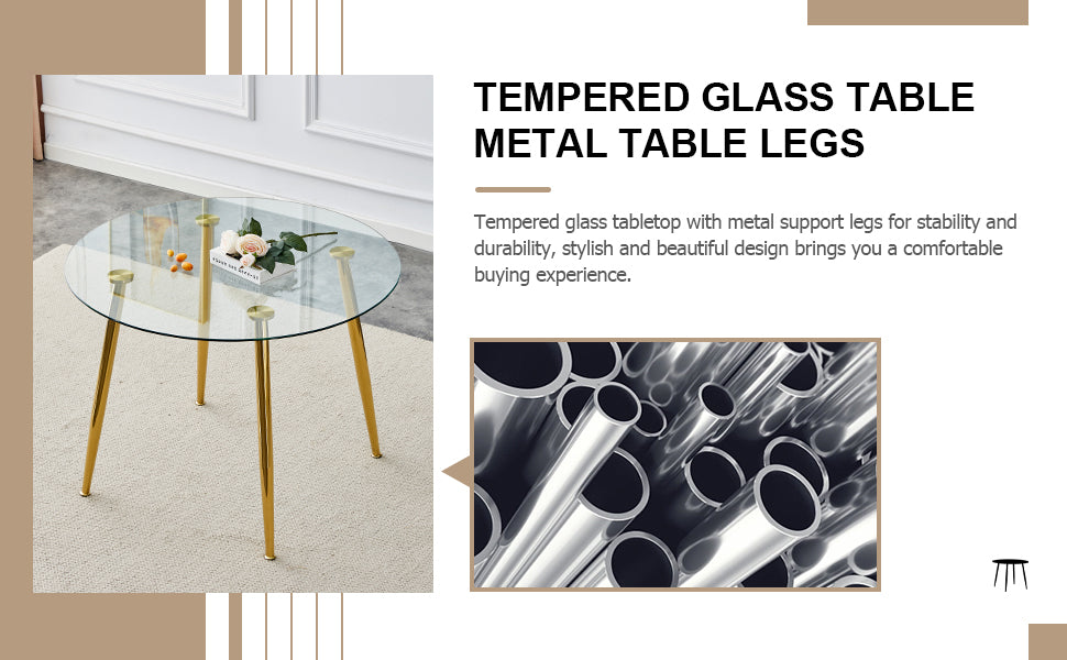 Table And Chair Set, Circular Dining Table, Glass Tabletop With A Diameter Of 40 Inches And Gold Plated Metal Legs, Paired With 4 White Pu Cushions And Gold Plated Metal Foot Dining Chairs. Dt 1164