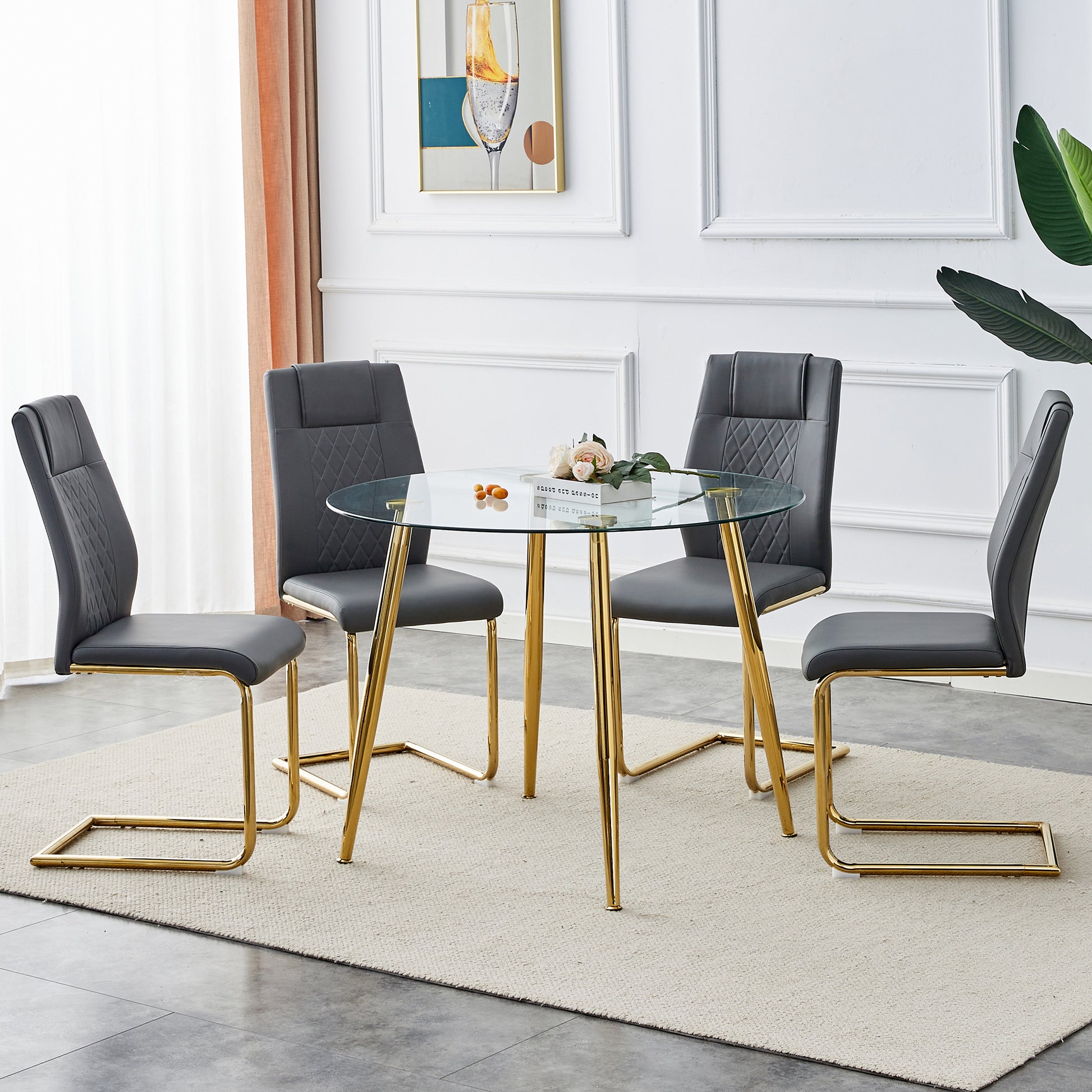 Table And Chair Set, Circular Dining Table, Glass Tabletop With A Diameter Of 40 Inches And Gold Plated Metal Legs, Paired With 4 Gray Pu Cushions And A Dining Chair With Gold Plated Metal Legs. Golden Metal