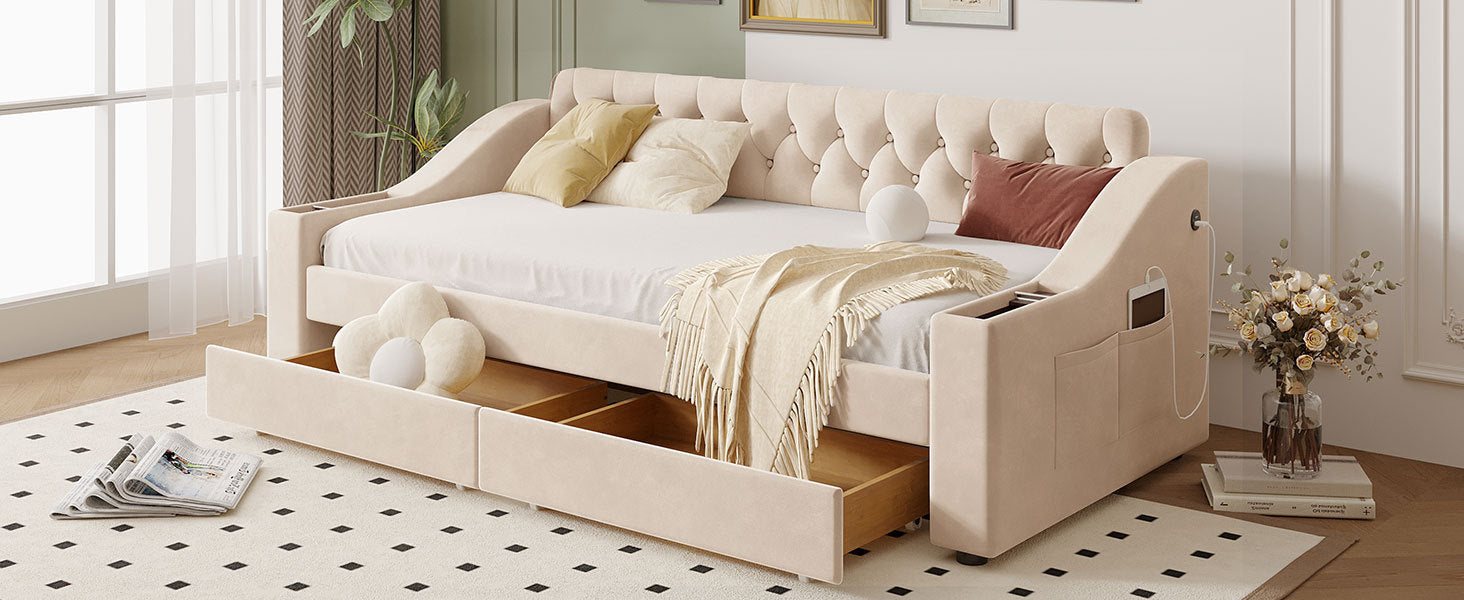 Twin Size Upholstered Daybed With Storage Armrests And Usb Port, Beige Beige Upholstered