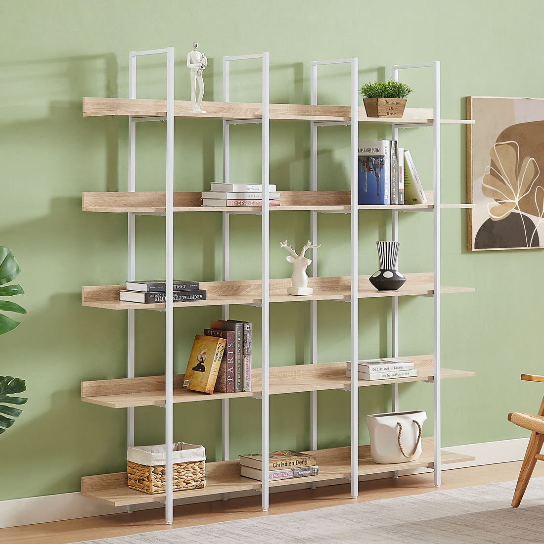 5 Tier Bookcase Home Office Open Bookshelf, Vintage Industrial Style Shelf, Mdf Board, White Metal Frame, Oak White Oak Mdf Steel