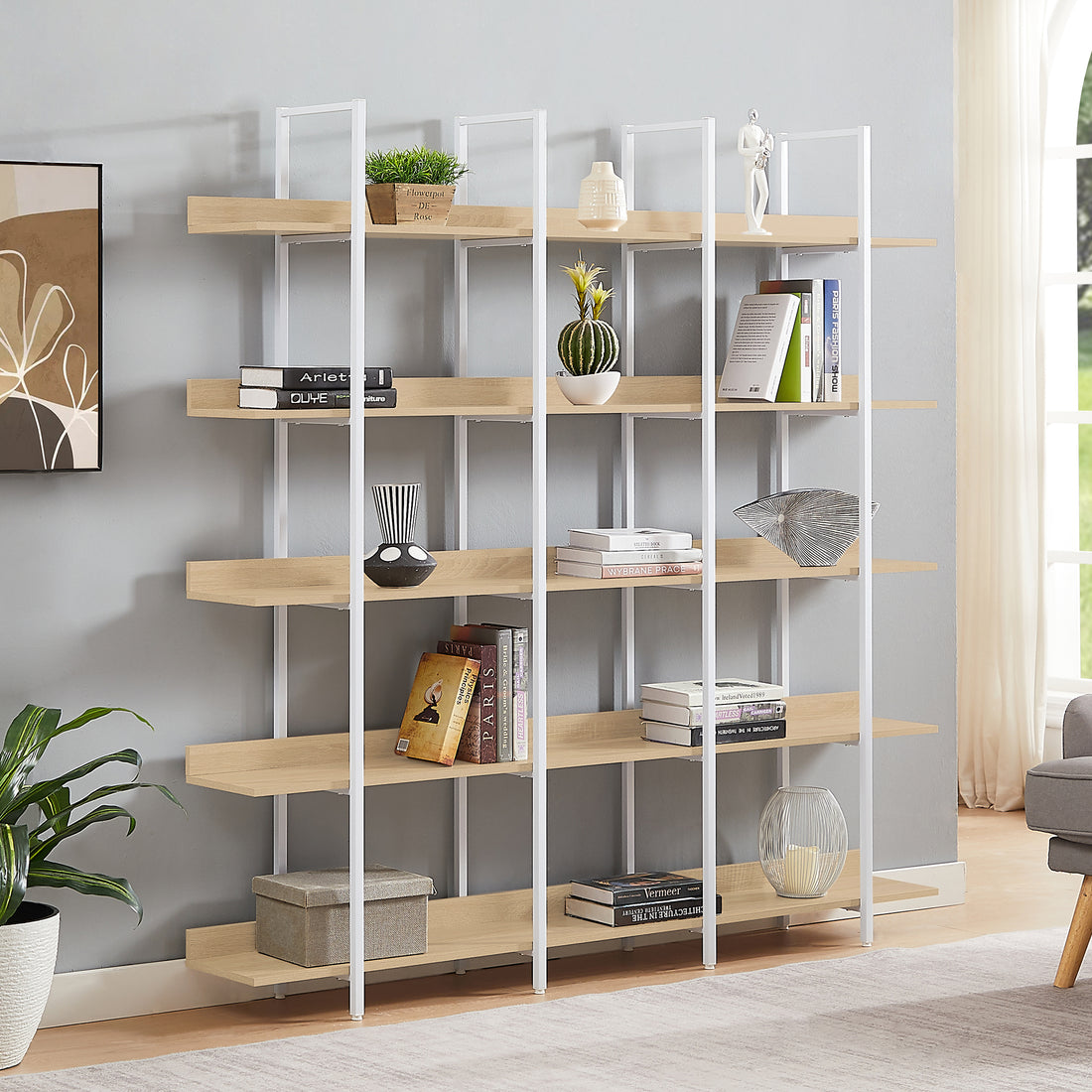 5 Tier Bookcase Home Office Open Bookshelf, Vintage Industrial Style Shelf, Mdf Board, White Metal Frame, Oak White Oak Mdf Steel