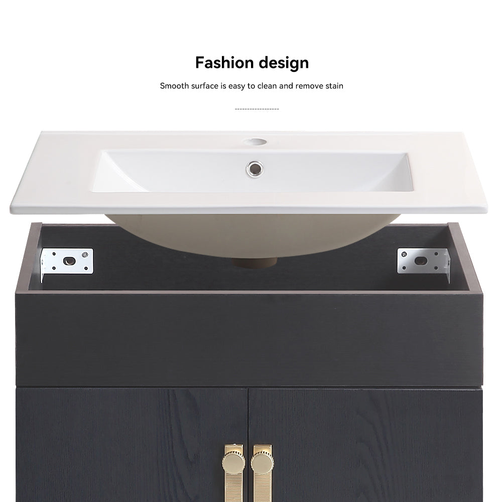 30" Bathroom Vanity With Metal Leg,With White Ceramic Basin,Two Soft Close Cabinet Doors, Solid Wood,Excluding Faucets,Black Black Solid Wood