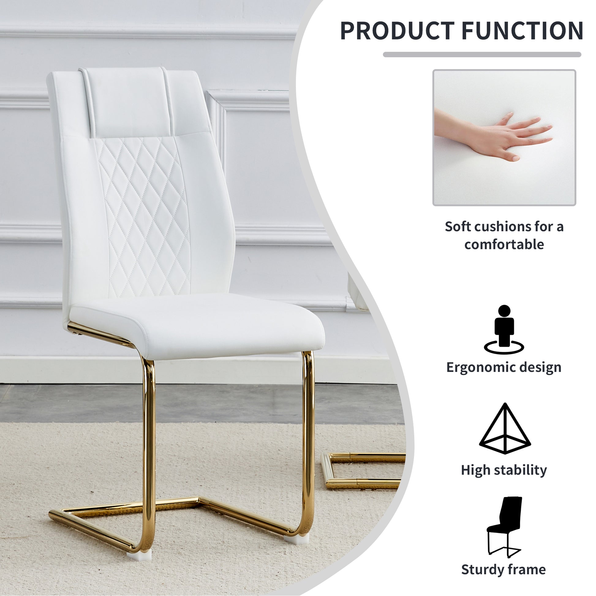 Table And Chair Set, Circular Dining Table, Glass Tabletop With A Diameter Of 40 Inches And Gold Plated Metal Legs, Paired With 4 White Pu Cushions And Gold Plated Metal Foot Dining Chairs. Dt 1164