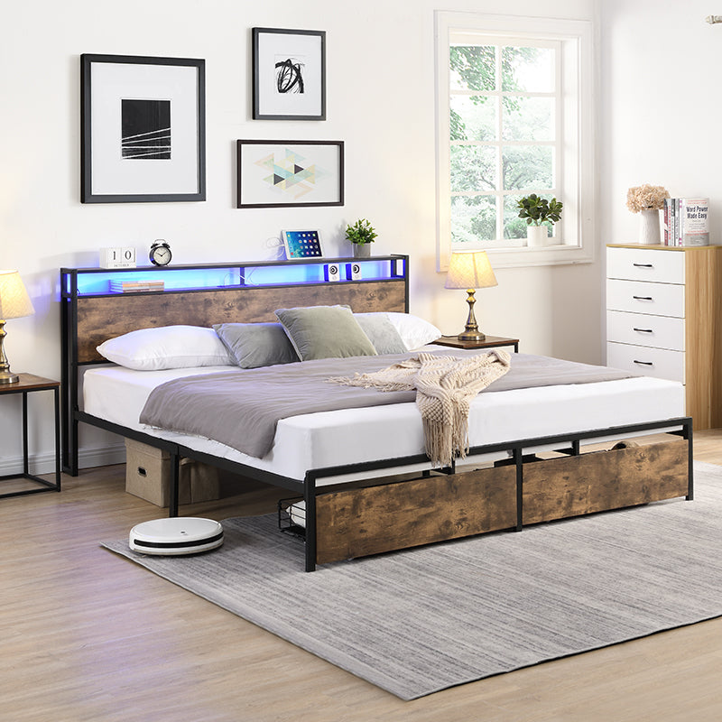 King Bed Frame, Storage Headboard With Charging Station, Solid And Stable, Noise Free, No Box Spring Needed, Easy Assembly King Antique Brown Metal Bedroom Bed Frame Metal & Wood