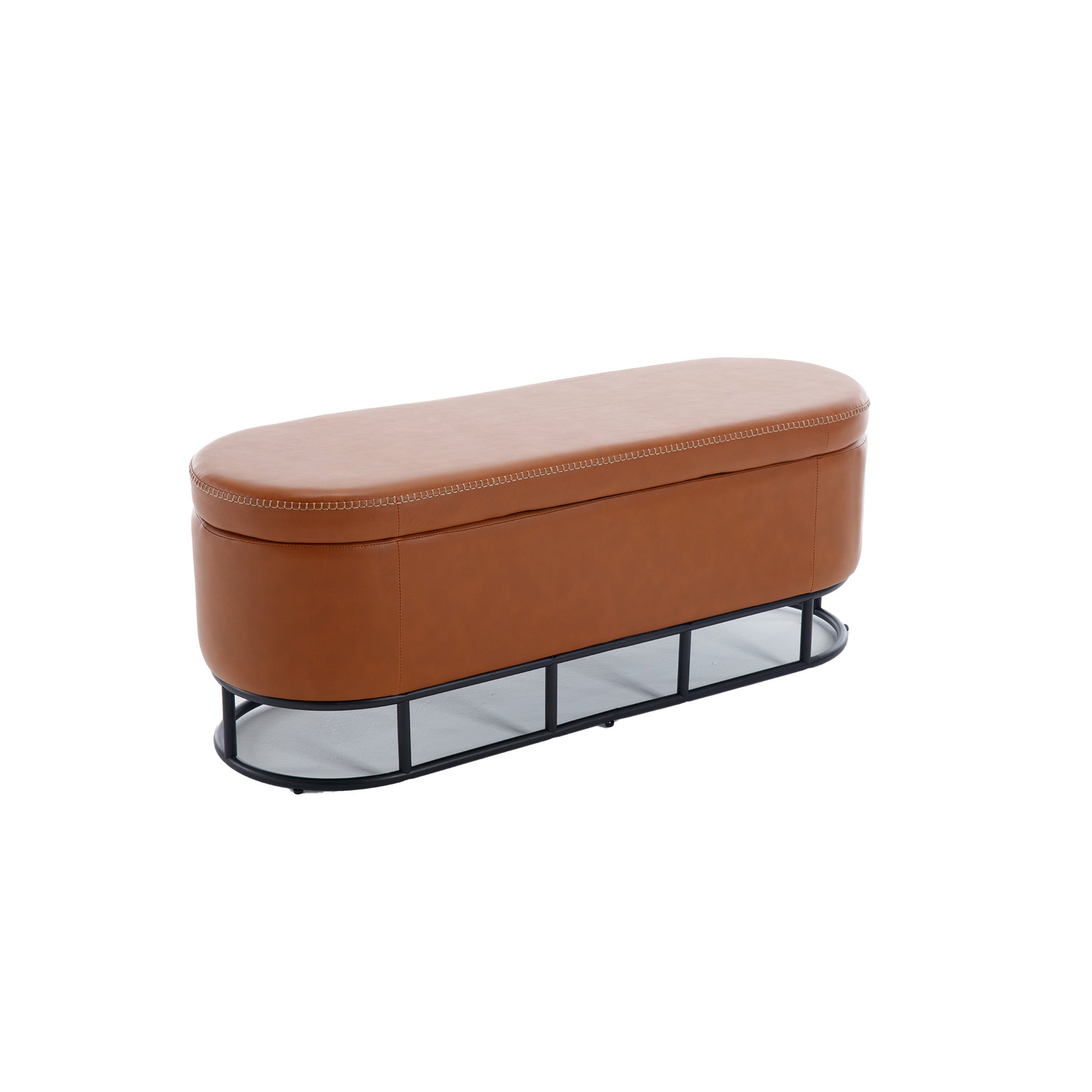 Oval Storage Bench For Living Room Bedroom End Of Bed,Upholstered Storage Ottoman Entryway Bench With Metal Legs,Brown Brown Primary Living Space Modern Metal Internal Storage Foam Pu Leather