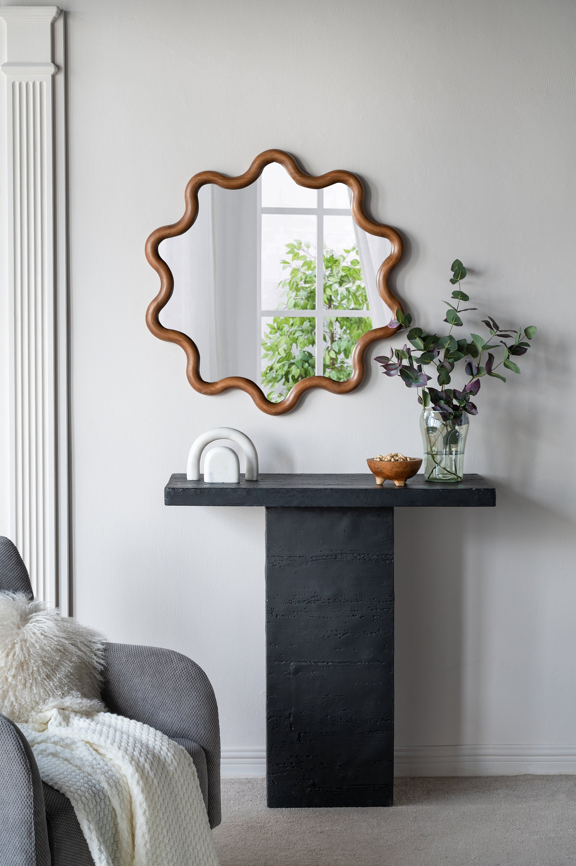 31" X 30" Wooden Accent Mirror With Unique Frame, Wall Mirror For Living Room Bedroom Entryway Brown Pine