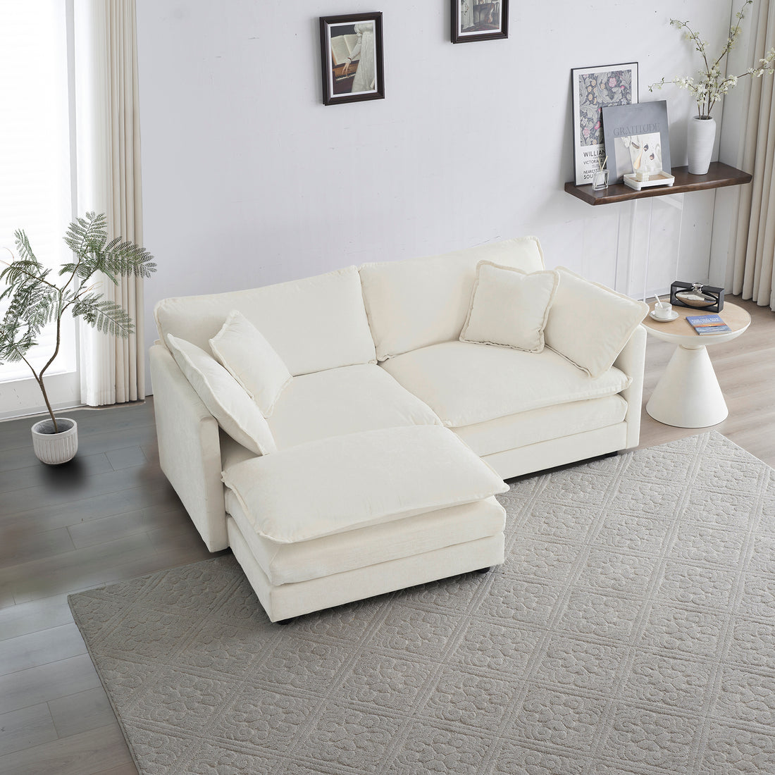 Chenille Two Seater Sofa With 1 Footrest, 2 Seater L Shaped Sectional With Ottoman,Loveseat With Ottoman For Small Living Space,White Chenille White Chenille 2 Seat