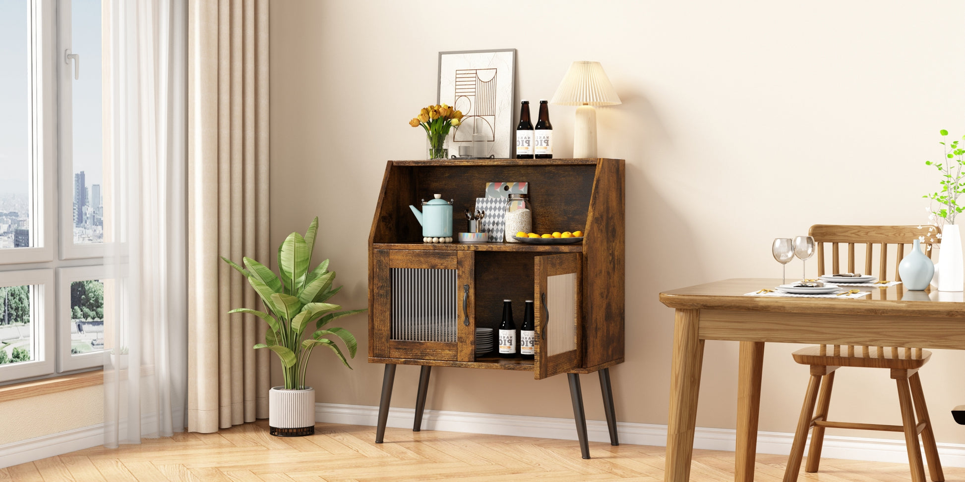 Sideboard, Bufft Cabinet, Side Dining Table, Glass Door, 1Pc Per Ctn, Brown, Industry Brown Mdf Glass