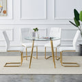 Table And Chair Set, Circular Dining Table, Glass Tabletop With A Diameter Of 40 Inches And Gold Plated Metal Legs, Paired With 4 White Pu Cushions And Gold Plated Metal Foot Dining Chairs. Dt 1164