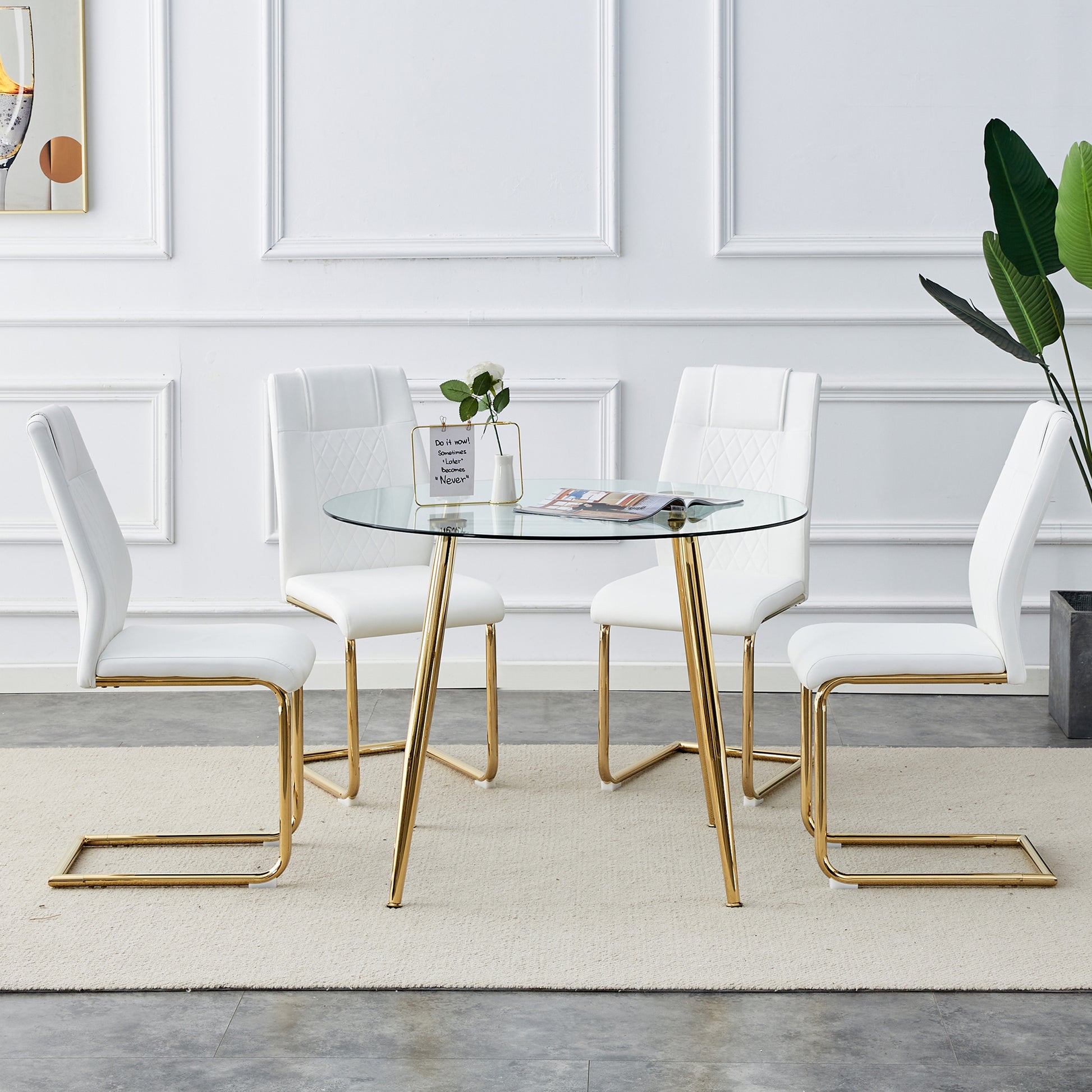 Table And Chair Set, Circular Dining Table, Glass Tabletop With A Diameter Of 40 Inches And Gold Plated Metal Legs, Paired With 4 White Pu Cushions And Gold Plated Metal Foot Dining Chairs. Dt 1164