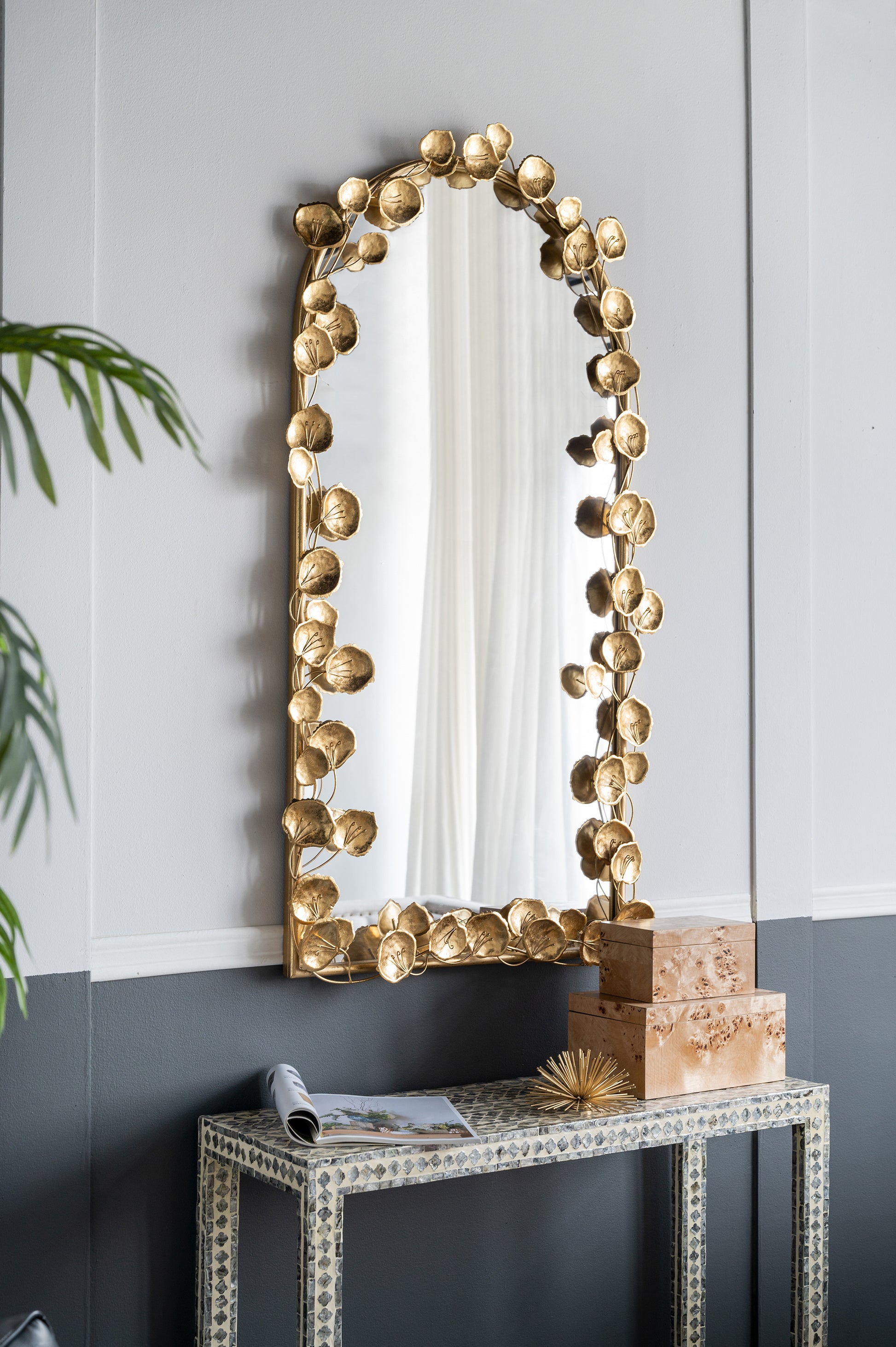 51.5" X 29" Full Length Arched Wall Mirror With Golden Leaf Accents, Decorative Mirror For Living Room Bedroom Gold Iron