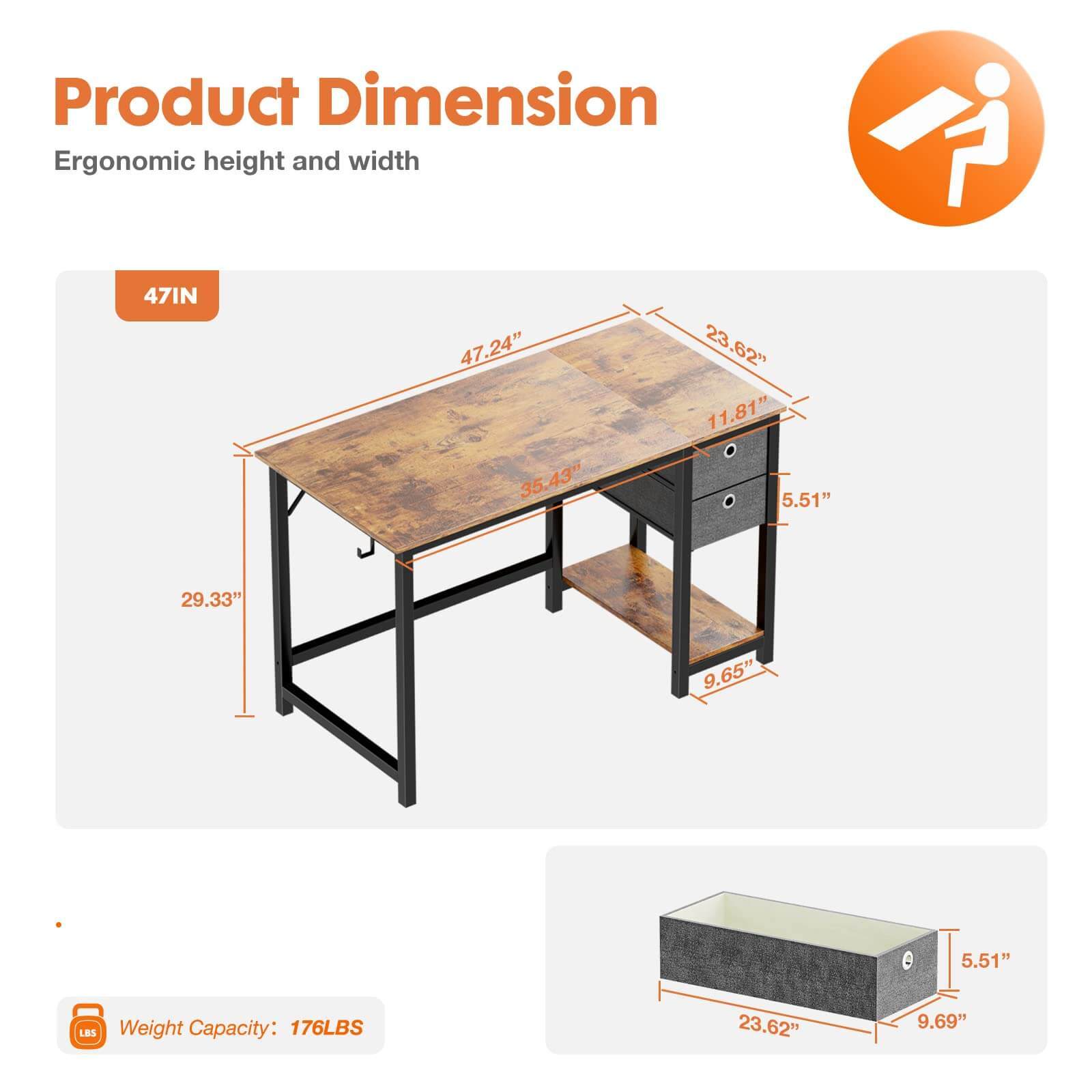 Modern Simple Style Home Office Writing Desk With 2 Tier Drawers Storage,Vintage Rustic,47In Brown Iron