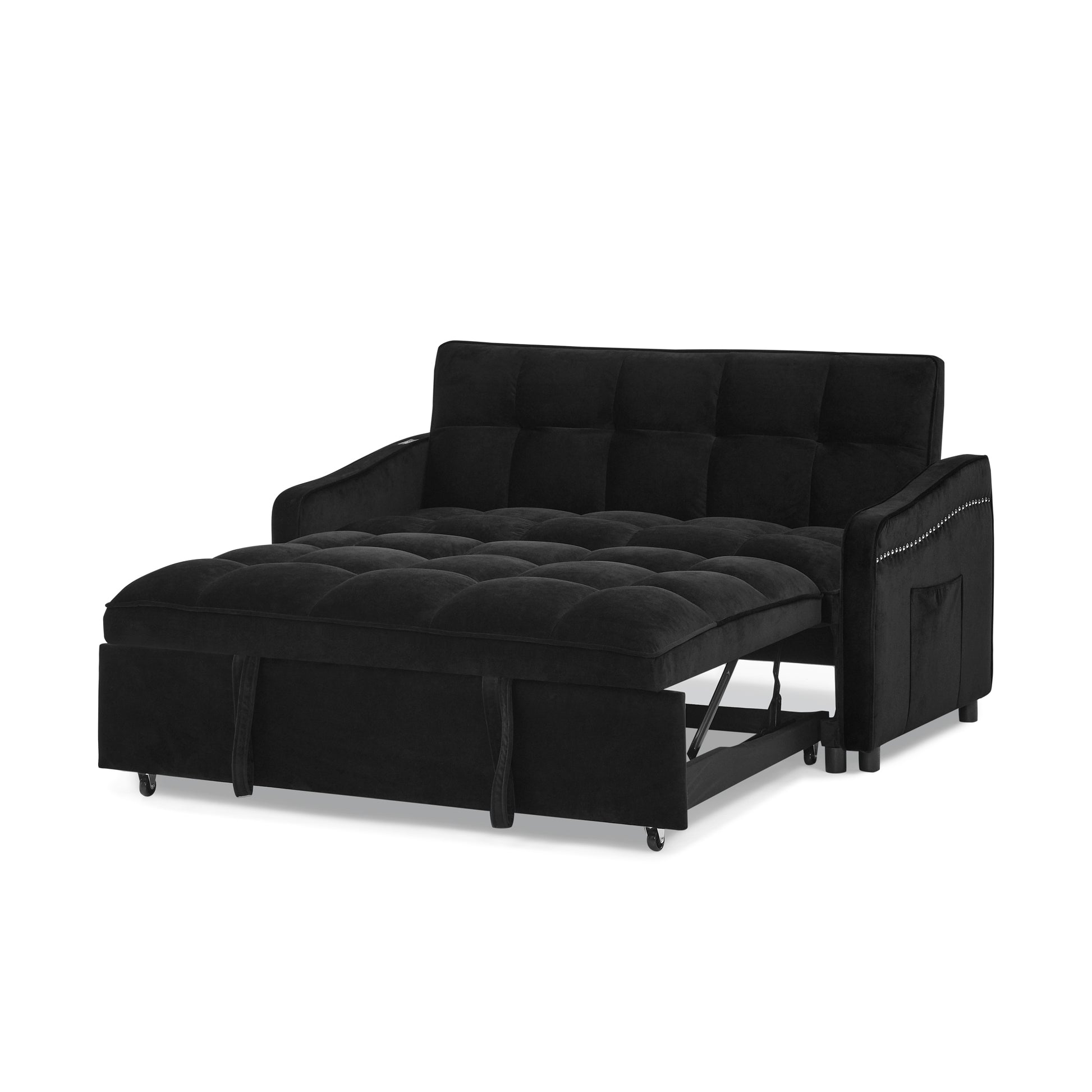 Loveseats Sofa Bed With Pull Out Bed,Adjsutable Back And Two Arm Pocket,Typec And Usb Charging With Copper Nail,Black 47"X53"X31" Black Velvet Classic,Contemporary,Luxury,Mid Century Modern,Modern Foam