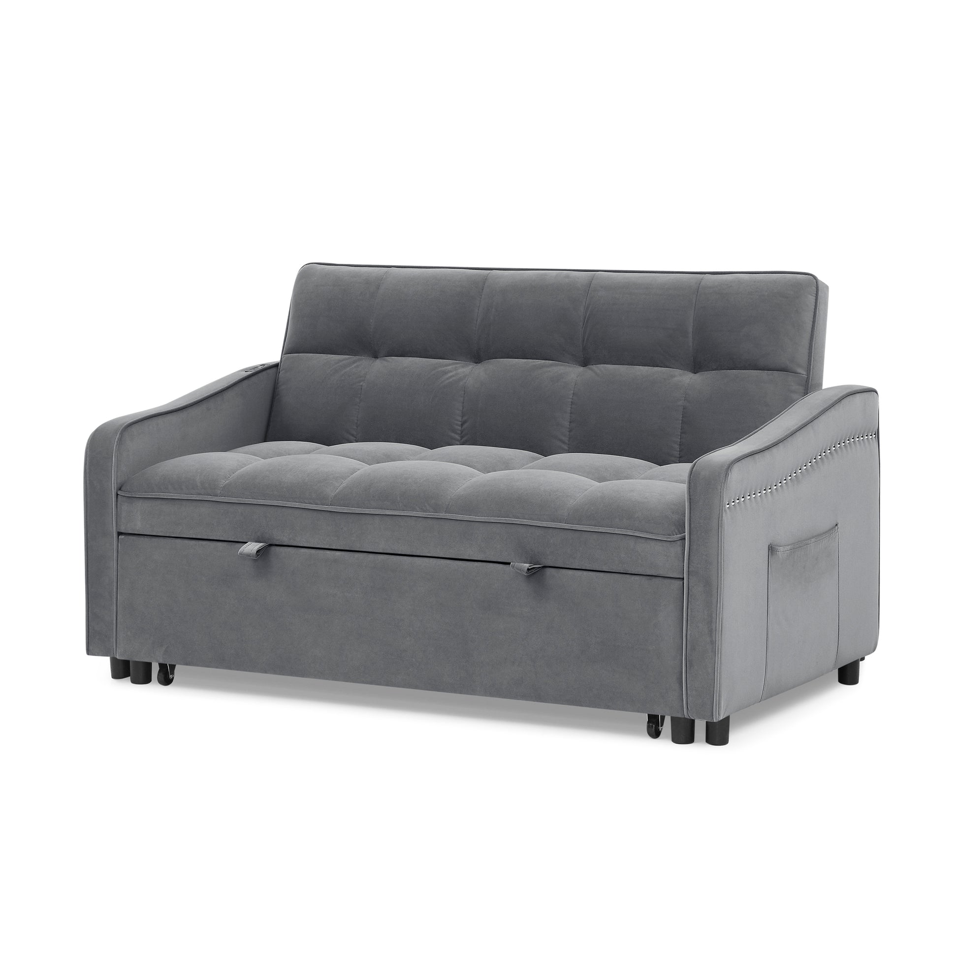 Loveseats Sofa Bed With Pull Out Bed,Adjsutable Back And Two Arm Pocket,Typec And Usb Charging With Copper Nail,Grey 47"X53"X31" Grey Velvet Classic,Contemporary,Glam,Luxury,Mid Century Modern Foam