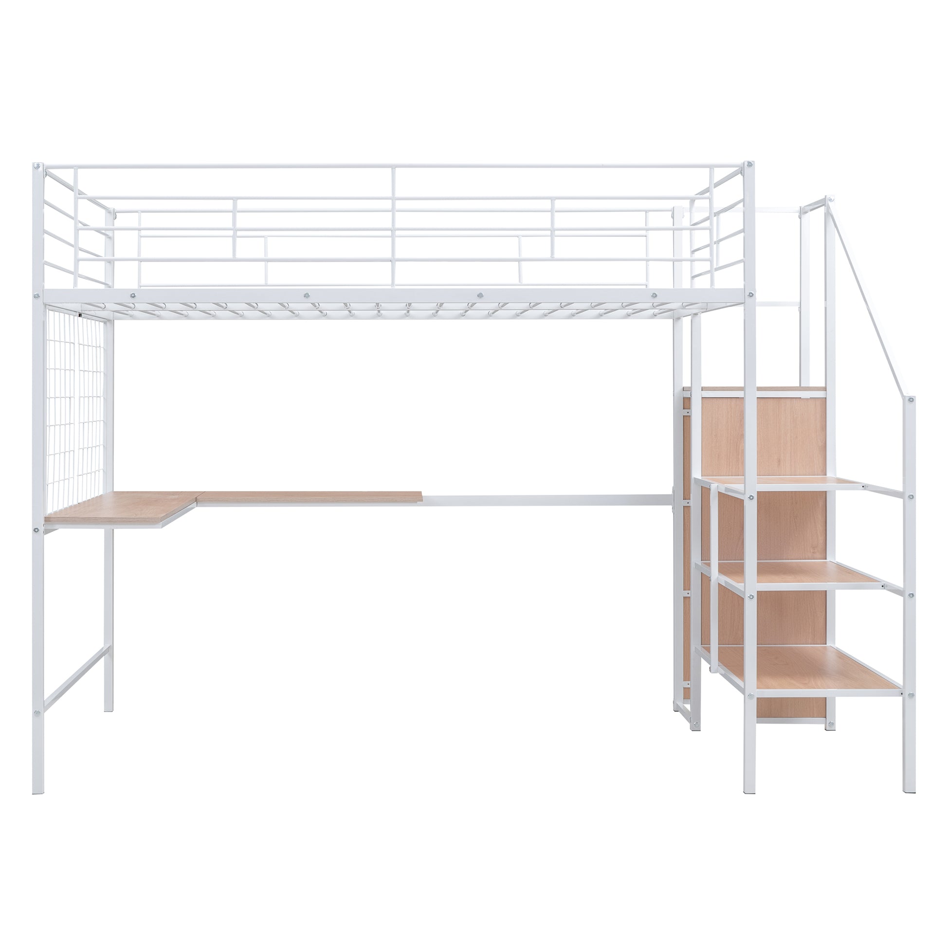 Full Size Metal Loft Bed With Desk And Metal Grid, Stylish Metal Frame Bed With Lateral Storage Ladder And Wardrobe, White White Metal
