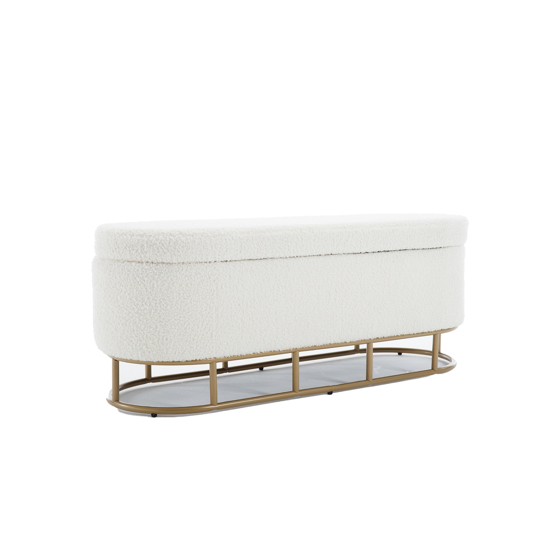 Oval Storage Bench For Living Room Bedroom End Of Bed,Sherpa Fabric Plush Upholstered Storage Ottoman Entryway Bench With Metal Legs,Cream Cream Primary Living Space Modern Metal Internal Storage Foam Teddy