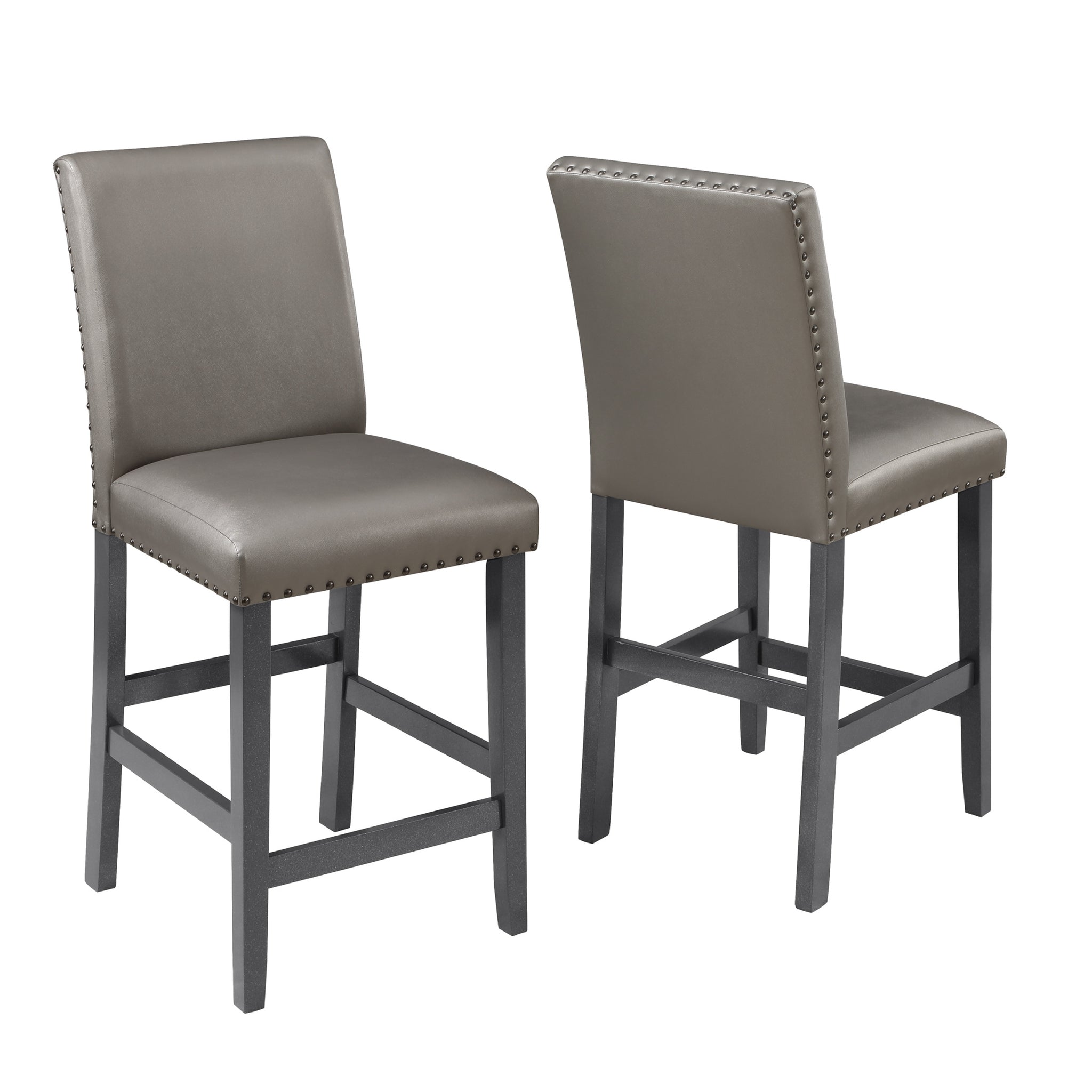 Traditional Modern 2Pc Set Counter Height Dining Side Chairs Upholstered Pu Fabric Zinc Gunmetal Brown Two Tone Finish Trim Dining Room Furniture Polyurethane Brown Dining Room Contemporary,Farmhouse Dining Chairs Wood