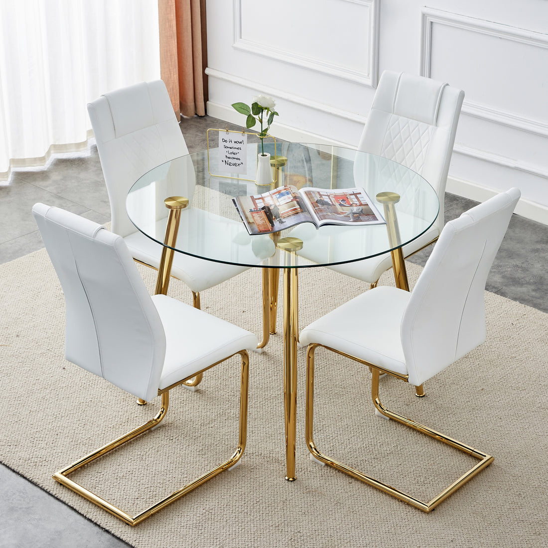 Table And Chair Set, Circular Dining Table, Glass Tabletop With A Diameter Of 40 Inches And Gold Plated Metal Legs, Paired With 4 White Pu Cushions And Gold Plated Metal Foot Dining Chairs. Dt 1164