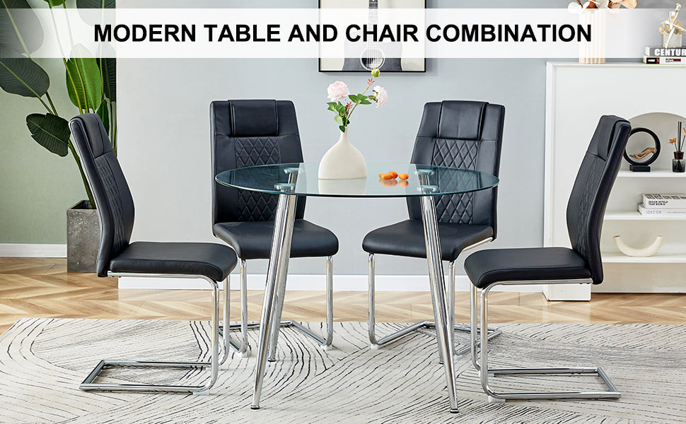 Table And Chair Set. 1 Table 4 Black Chairs Round Dining Table With A 40 Inch Diameter Glass Tabletop And Silver Plated Metal Legs. 4 Black Pu Chairs Dt 1164 001 Transparent Glass