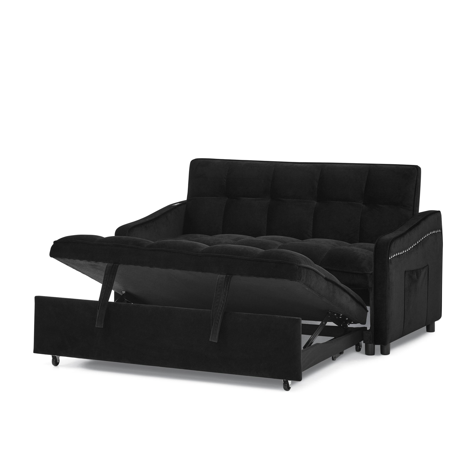 Loveseats Sofa Bed With Pull Out Bed,Adjsutable Back And Two Arm Pocket,Typec And Usb Charging With Copper Nail,Black 47"X53"X31" Black Velvet Classic,Contemporary,Luxury,Mid Century Modern,Modern Foam