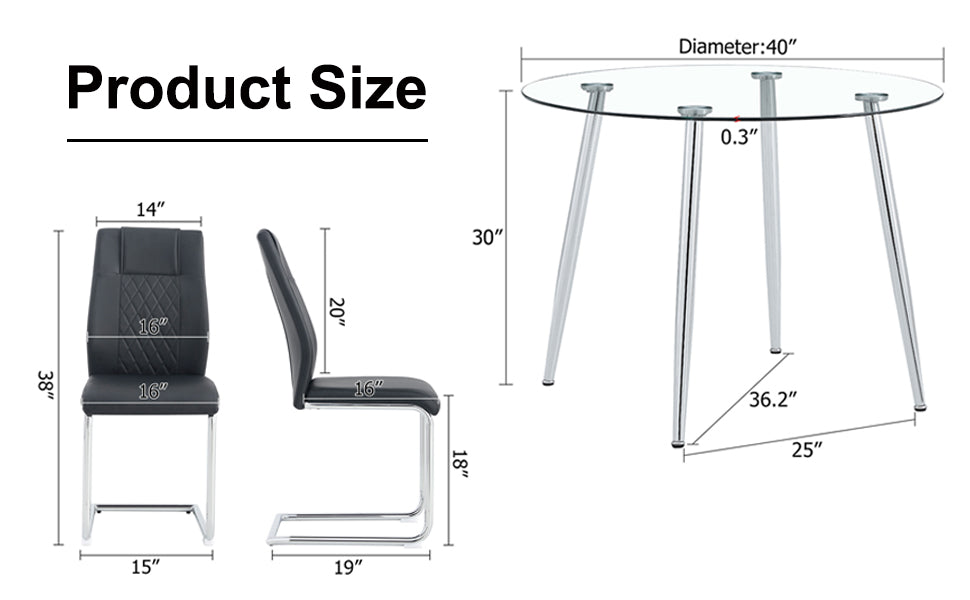 Table And Chair Set. 1 Table 4 Black Chairs Round Dining Table With A 40 Inch Diameter Glass Tabletop And Silver Plated Metal Legs. 4 Black Pu Chairs Dt 1164 001 Transparent Seats 4 Glass