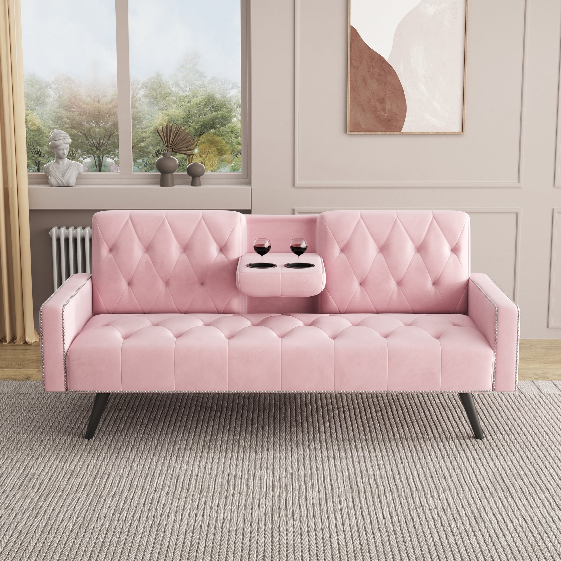 1730 Sofa Bed Armrest With Nail Head Trim With Two Cup Holders 72" Pink Velvet Sofa For Small Spaces Pink Altay Velvet