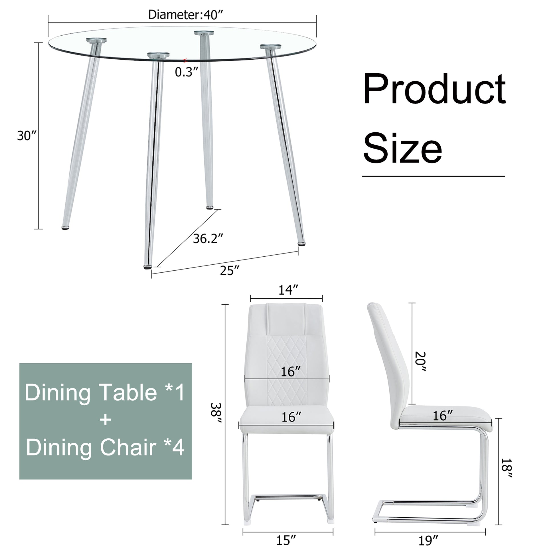 Table And Chair Set. 1 Table 4 Chairs Set A Circular Dining Table With A 40 Inch Diameter Glass Tabletop And Electroplated Metal Legs. 4 White Pu Chairs Dt 1164 001 Transparent Glass