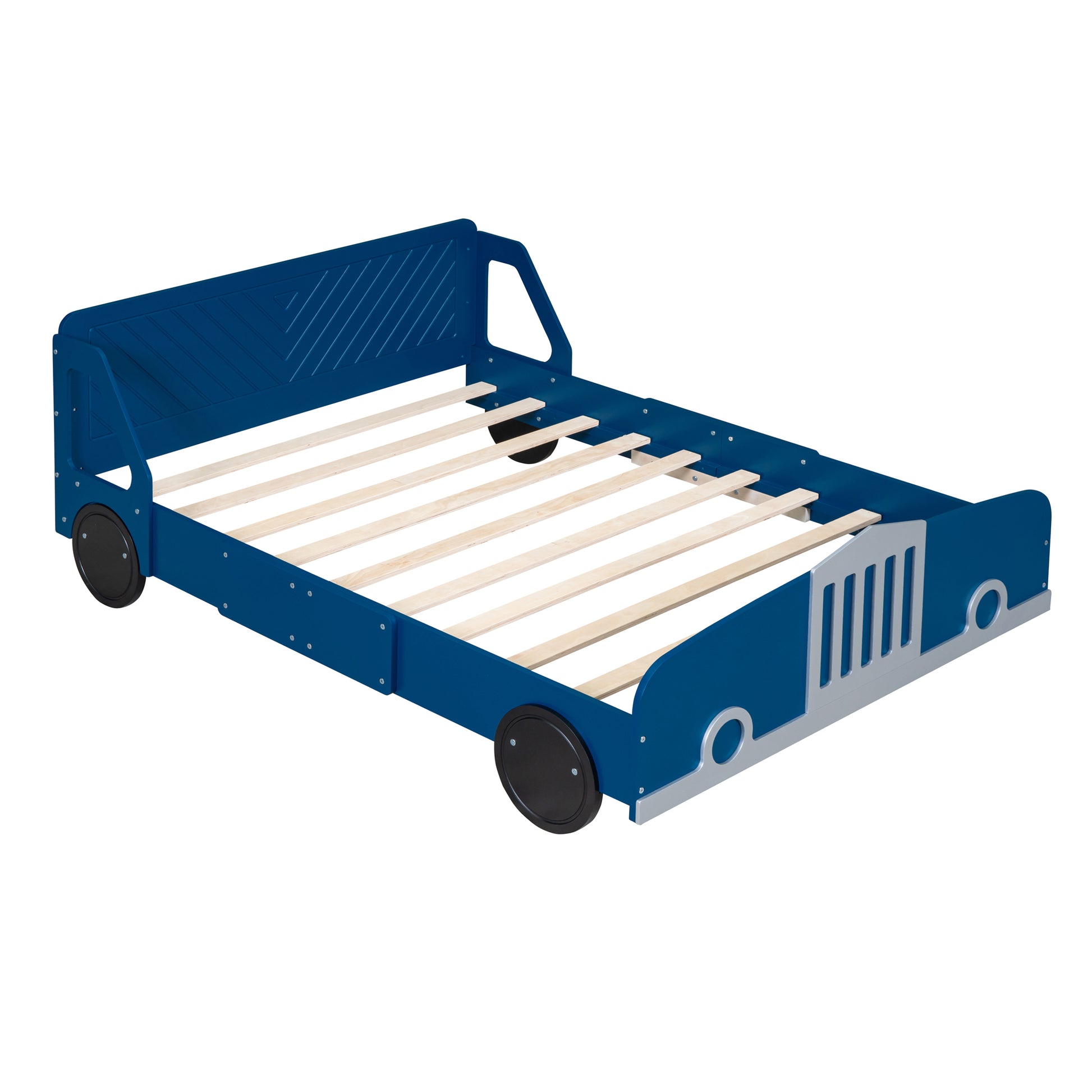 Full Size Car Shaped Platform Bed With Wheels,Blue Blue Plywood